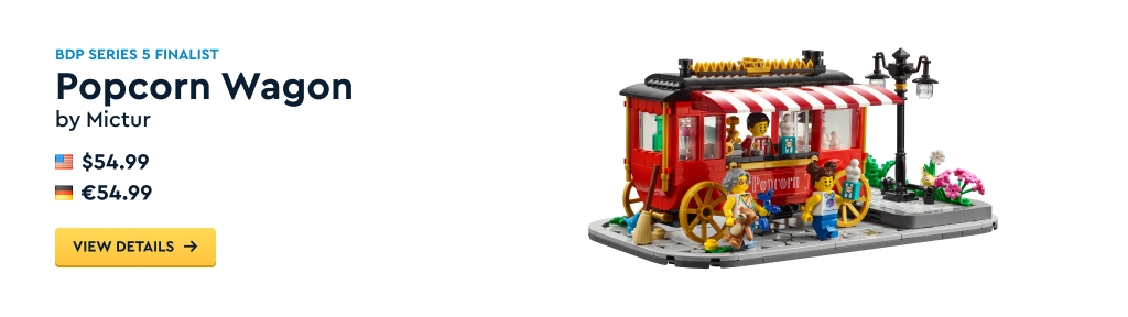 Image of "Popcorn Wagon" set by Mictur, priced at $54.99 in the US and €54.99 in Germany, featuring a popcorn cart and minifigures.
