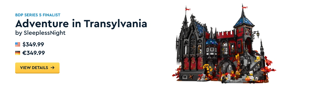 Image of the "Adventure in Transylvania" set by SleeplessNight, priced at $349.99 in the US and €349.99 in Germany. A spooky castle with intricate details and figures.