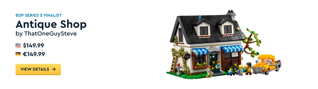Image of the "Antique Shop" set by ThatOneGuySteve, priced at $149.99 in the US and €149.99 in Germany. Features a detailed building with a car and minifigures.