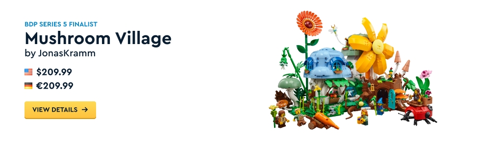 Image of the "Mushroom Village" set by Jonas Kramm. Priced at $209.99 in the US and €209.99 in Germany. Features colorful mushrooms, flowers, and playful characters.