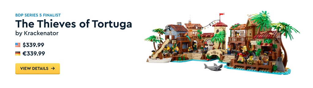 Image of "The Thieves of Tortuga" set by Krackenator. Priced at $339.99 in the US and €339.99 in Germany. Features a detailed pirate scene with buildings and characters.