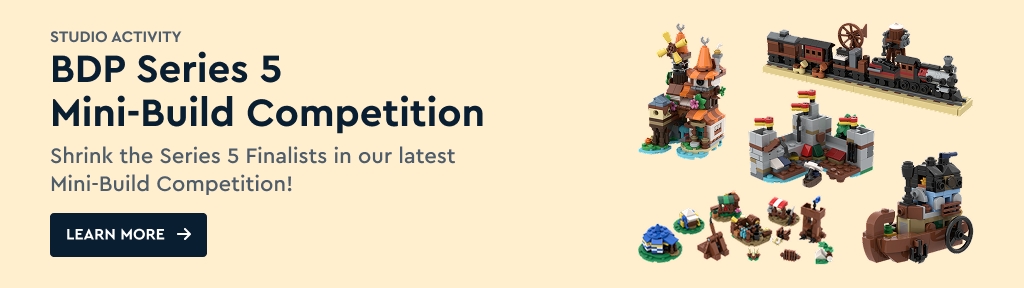Graphic promoting the BDP Series 5 Mini-Build Competition, featuring colorful miniature builds and a call to action to learn more about the event.