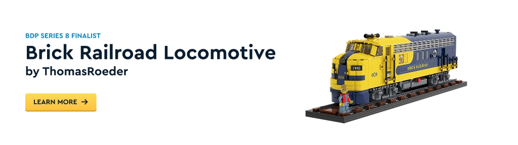 BrickLink Designer Program Series 8 Finalist: Brick Railroad Locomotive by ThomasRoeder. A detailed LEGO train engine on tracks with a minifigure conductor. Learn more button included.