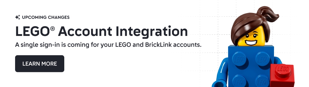 Upcoming changes: LEGO Account Integration. A single sign-in is coming for your LEGO and BrickLink accounts. Learn more button. Smiling LEGO minifigure holding a red LEGO brick.
