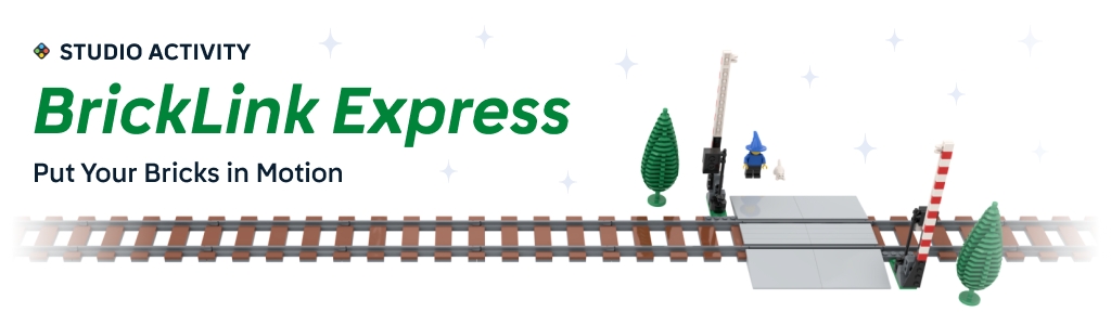 Banner for BrickLink Studio Activity "BrickLink Express" with LEGO train tracks, trees, a wizard figure, and the tagline "Put Your Bricks in Motion.".