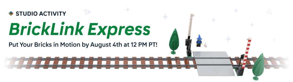Banner for BrickLink Studio Activity “BrickLink Express” with LEGO train tracks, trees, and a wizard figure. Text reads: “Put Your Bricks in Motion by August 4th at 12 PM PT!”.